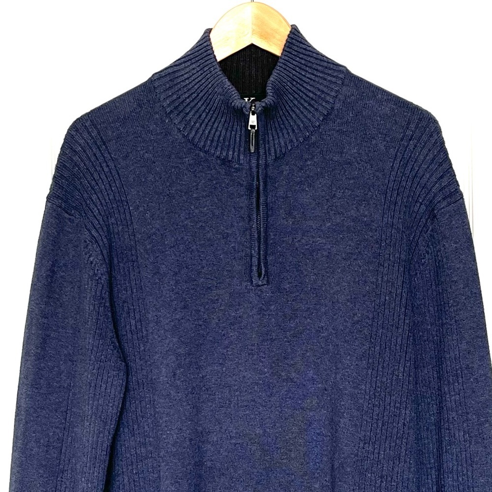 Calvin Klein Men's Blue 100% Cotton 1/4 Zip Pullover Sweater XL Mock Neck Preppy - Picture 2 of 12
